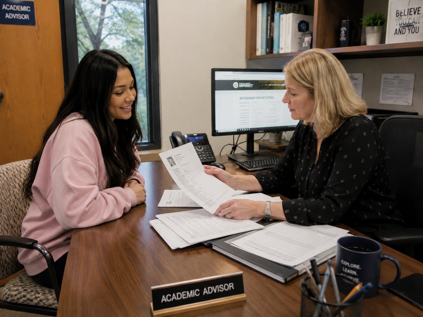 A college student meets with her academic advisor to review a resume and plan for internships