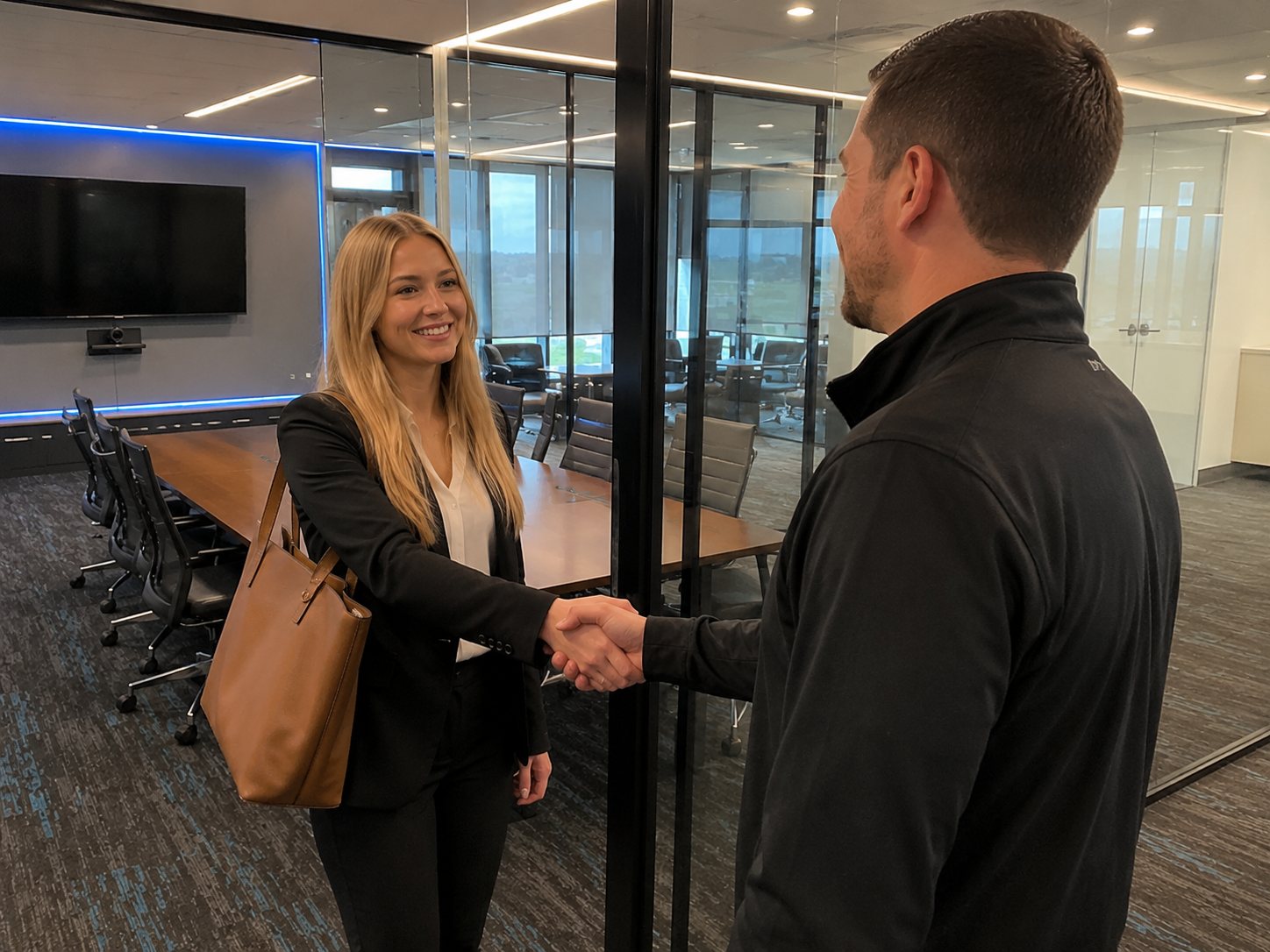 A college graduate shakes hands at a job interview